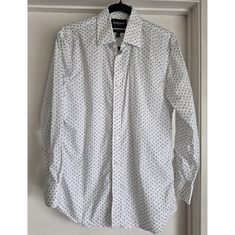 Bonobos Button-Up Shirt 15.5 Long Sleeve White Blue Martini Print Cotton